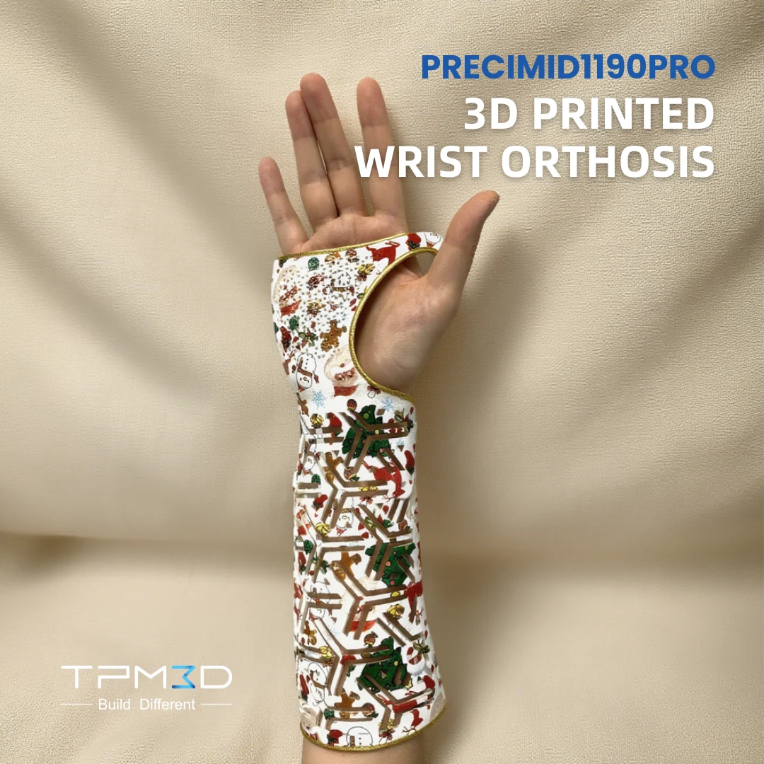 Precimid1190Pro printed wrist orthosis with a decorative finish, worn on a hand