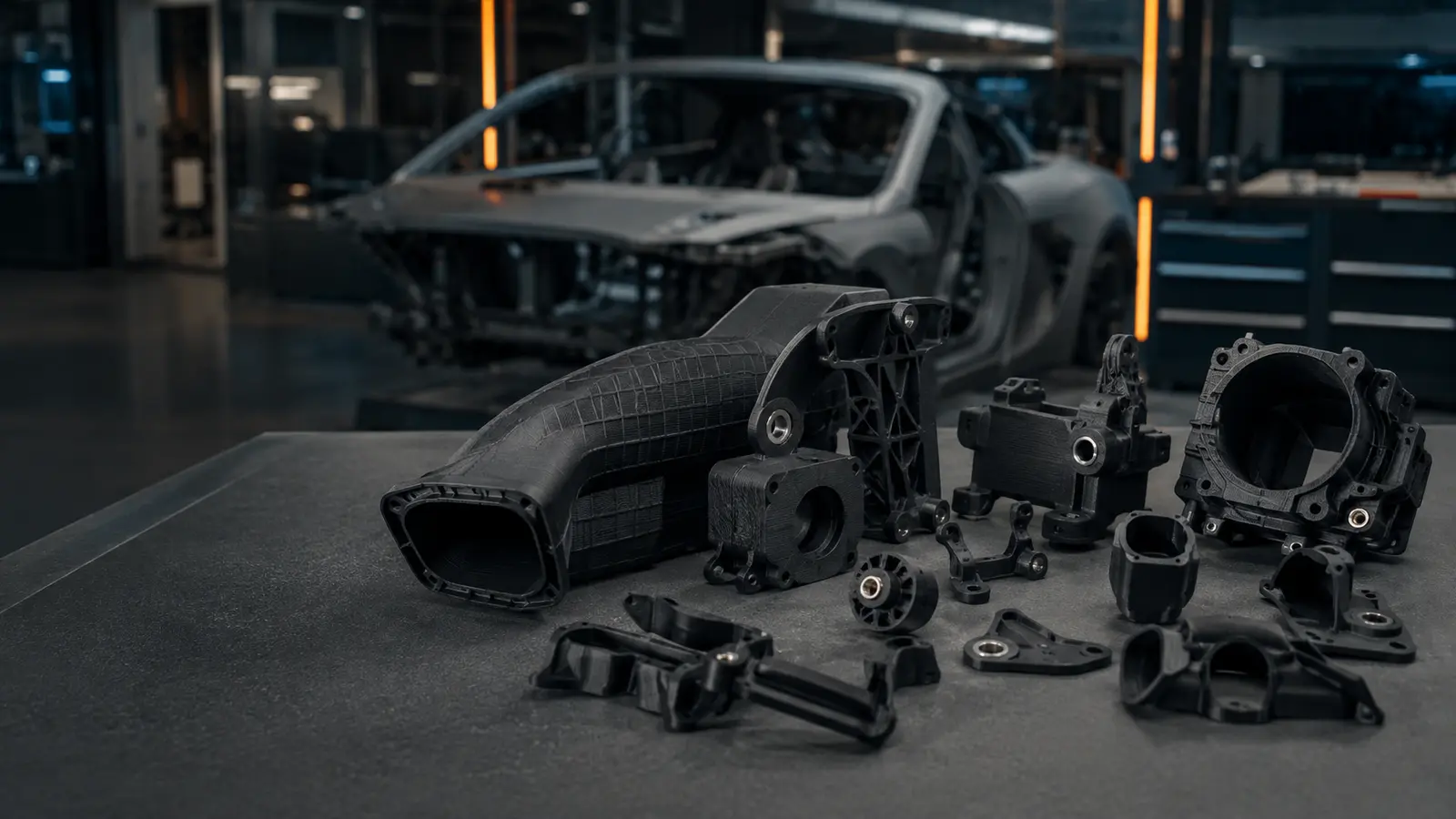 SLS 3D printed automotive ducts, brackets and functional prototype housings