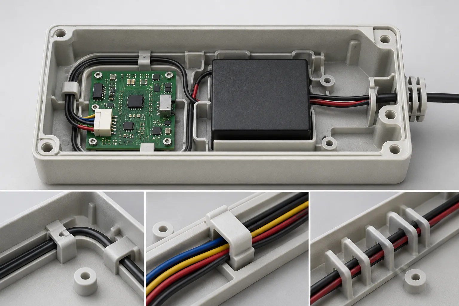 Nylon internal components used for cable management and routing in device assemblies