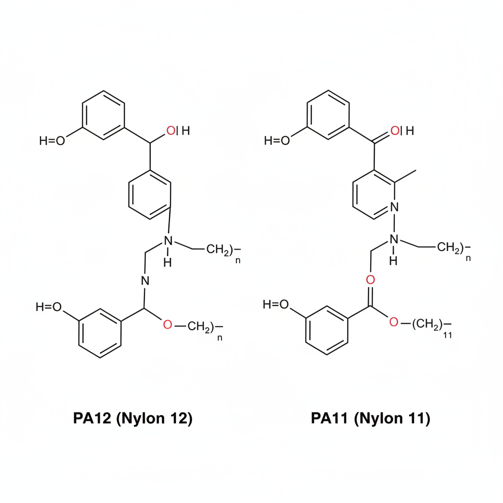 Molecular structure diagram of PA12 vs PA11 nylon polymers