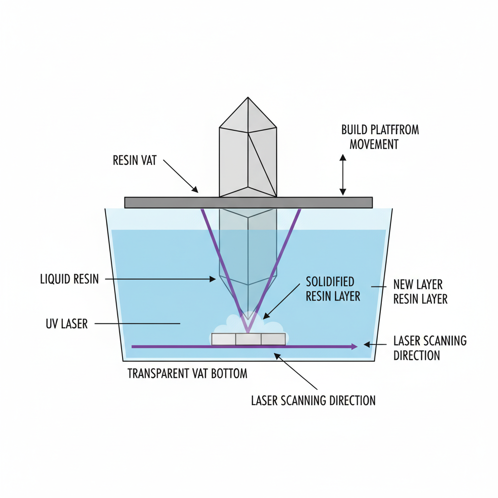 Diagram showing SLA 3D printing process with UV laser curing liquid resin