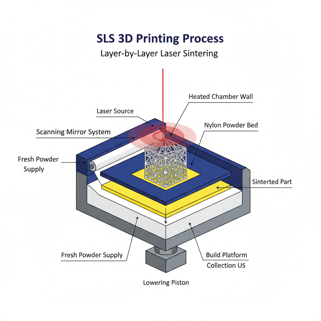 Diagram showing SLS 3D printing process with laser sintering nylon powder